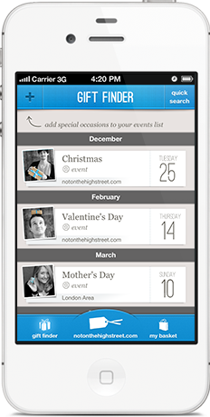 Screenshot showing occasions and friends in notonthehighstreet.com gift finder iPhone app