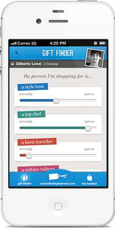 Screenshot showing personality sliders in notonthehighstreet.com gift finder iPhone app