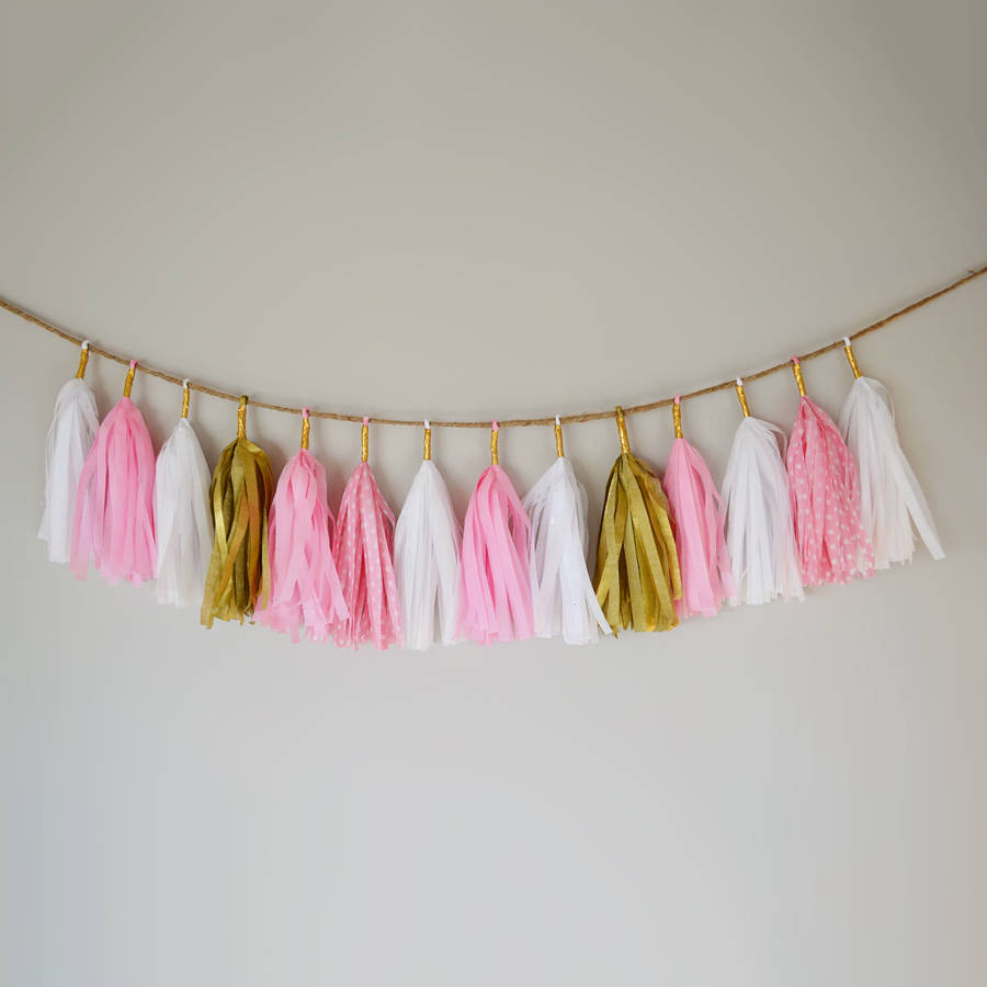 pink, gold and white tissue paper tassel garland by funky frills uk ...