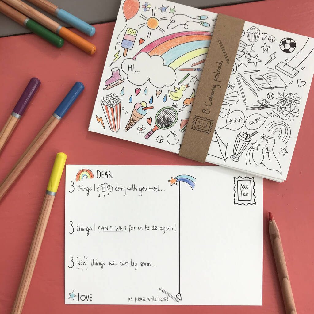 Kids colouring in thank you postcards 8 activity cards for lockdown fun and pen pal writing